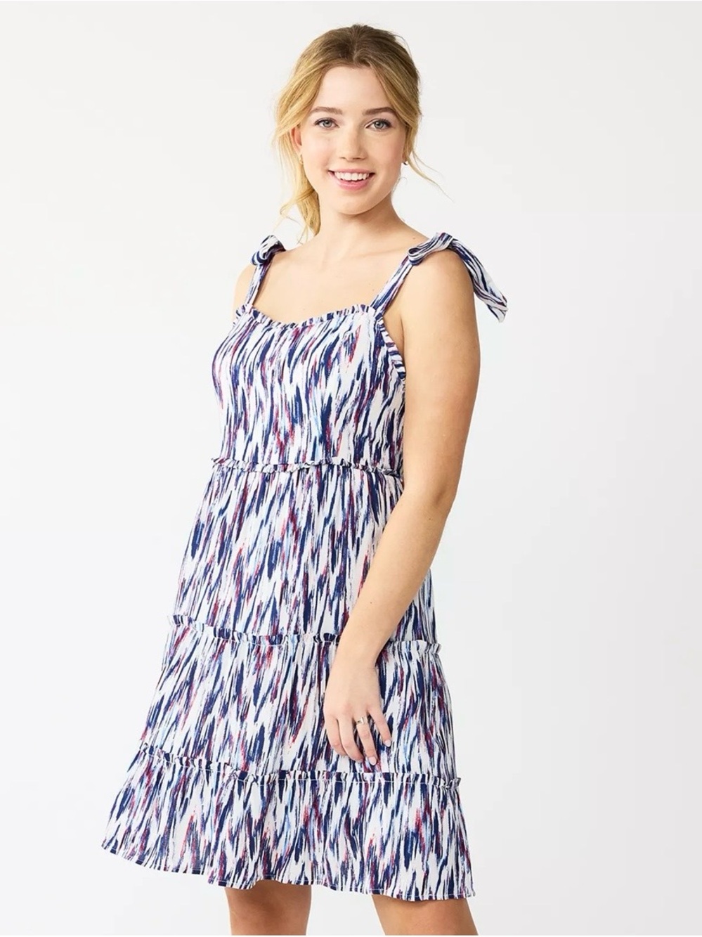Sleeveless Tiered Baby Doll Ruffled Body Dress in Navy, White & Red